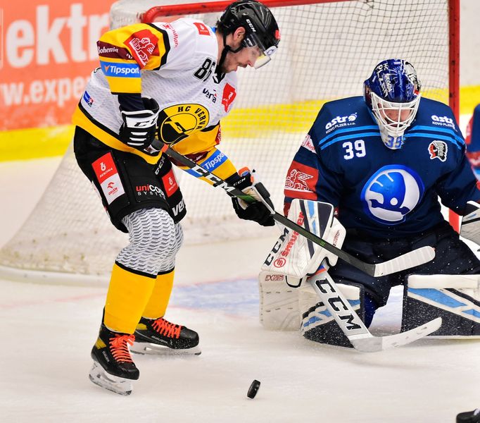 Filip Helt z Litvínova a brankář Plzně Dominik Pavlát v zápase 43. kola hokejové extraligy.