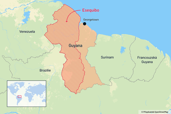 Mapa zachycuje Guyanu, sousedící státy a provincii Esequibo.