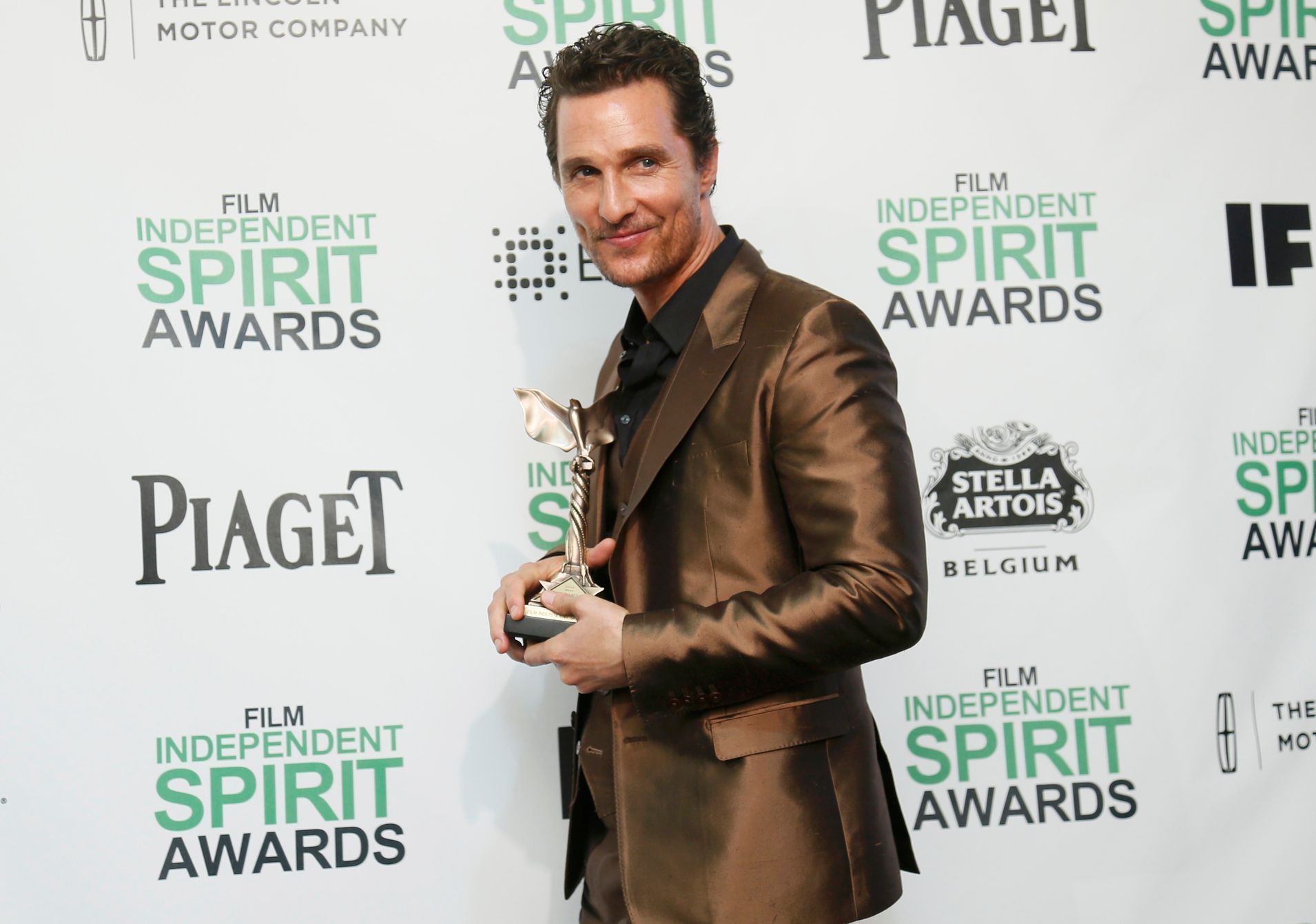 Actor Matthew McConaughey poses backstage after winning the Best Male Lead award for &quot;Dallas Buyers Club&quot; at the 2014 Film Independent Spirit Awards in Santa Monica