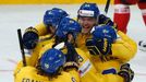 Sweden's Mattias Ekholm (14) celebrates his goal against the Belarus during their men's ice hockey World Championship quarter-final game at Minsk Arena in Minsk May 22, 2