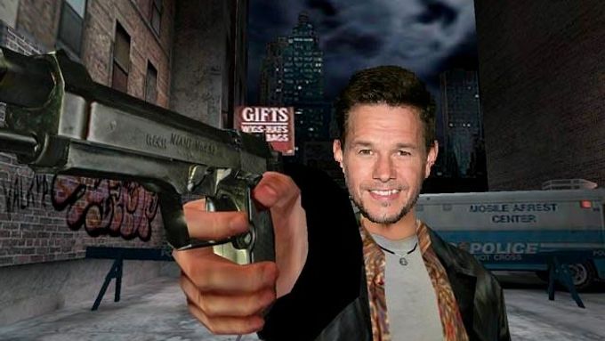 Max Payne: koláž z originální hry s hlavou herce Marka Wahlberga