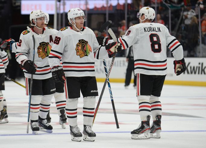 November 3, 2019; Anaheim, CA, USA; Chicago Blackhawks right wing Patrick Kane (88) celebrates the overtime victory and his goal against the Anaheim Ducks with left wing