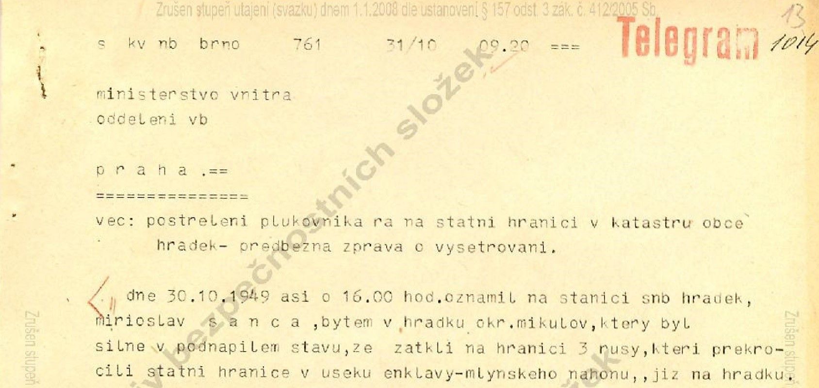 Fragment z vyšetřovacího spisu postřeleného plukovníka Rudé armády Jevgenije Starcova.