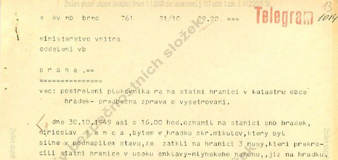 Fragment z vyšetřovacího spisu postřeleného plukovníka Rudé armády Jevgenije Starcova.