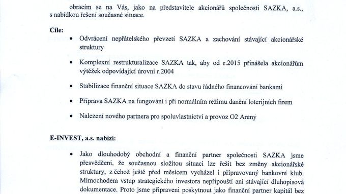 Nabídka Ulčákovy firmy eInvest akcionářům Sazky