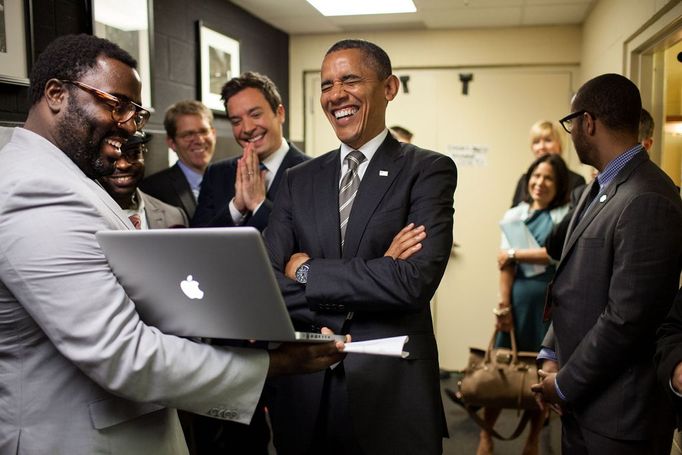 April 24, 2012 "We were backstage at the University of North Carolina in Chapel Hill for the President's appearance on 'Late Night with Jimmy Fallon.' The President let out a big laugh as he was being briefed by the producers and Mr. Fallon on the 'Slow Jam the News' segment."