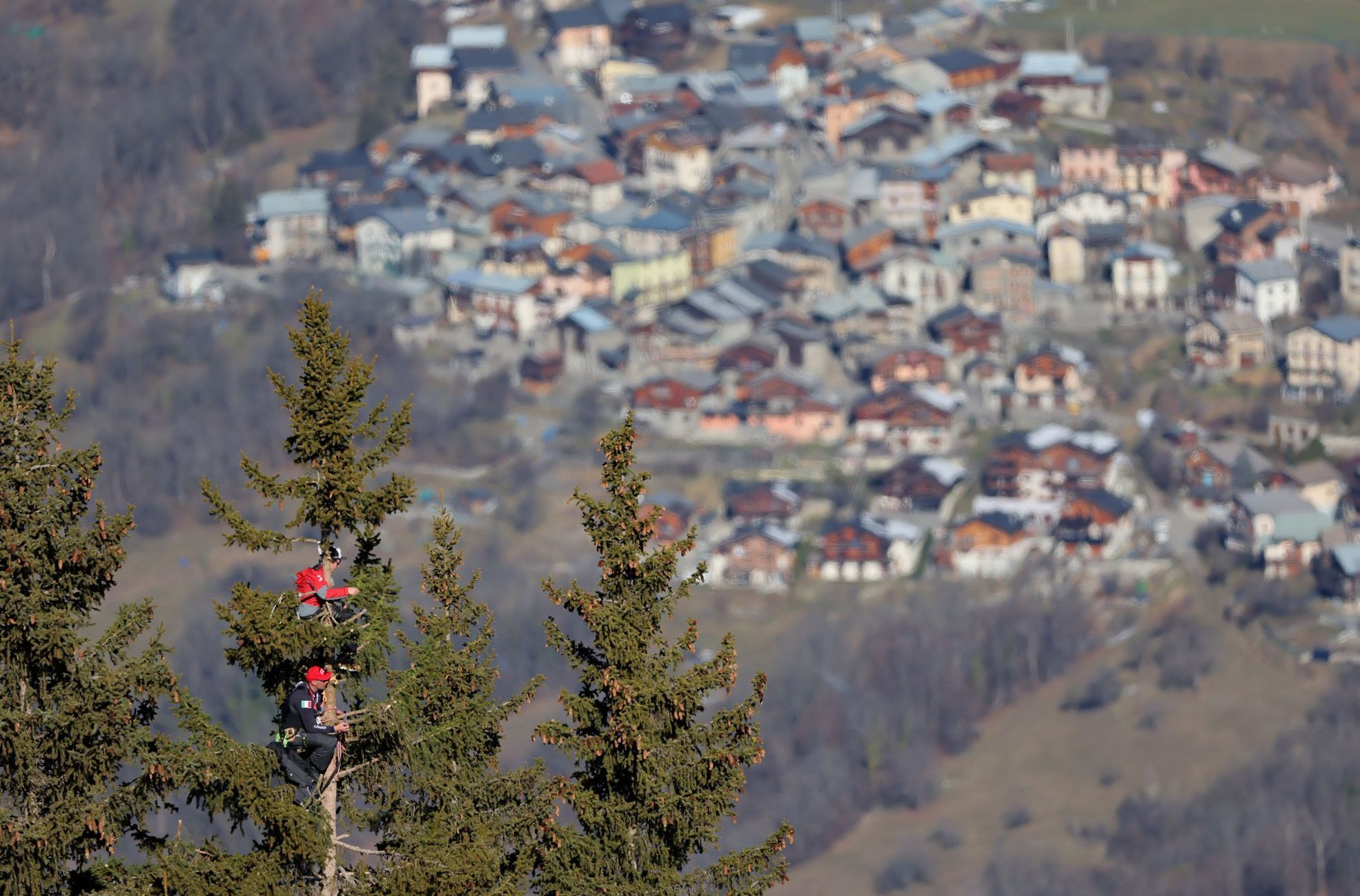 Fanoušci na stromu sledují sjezd mužů na MS v alpském lyžování 2023