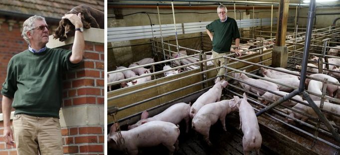 Fotografie Wernera Schulze-Eskinga, člena Křesťansko-demokratické unie (CDU). Je zachycen na své vepří farmě v Billerbecku. Dvaašedesátiletý farmář je členem CDU už od svých dvaadvaceti let a jako radní působí v Billerbecku už dvacet let. "Do politiky jsem vstoupil, abych mohl ovlivňovat život na venkově." Schulz-Esking tvrdí, že vyznává konzervativní hodnoty, ale strana by měla reagovat na společenské změny. "Společnost se mění. Vemte ti třeba sňatky osob stejného pohlaví. Já osobně s tím nesouhlasím, ale je to evoluce a CDU se tomu musí přizpůsobit, jinak přestane být hlavní stranou," říká. Farmář tvrdí, že je rozhodně proti koalici CDU se Zelenými. Kdyby se to stalo, prý by rezignoval na své křeslo na radnici.