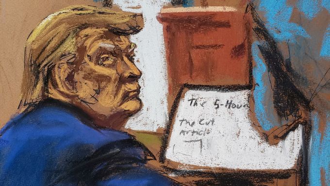 Kresba zachycuje exprezidenta Donalda Trumpa během soudního přelíčení v New Yorku. Soud řešil žalobu novinářky Jean Carrollové.