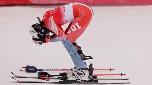 Michelle Gisinová slaví v cíli kombinačního slalomu na ZOH 2022 v Pekingu