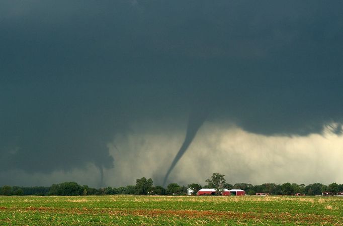 Two Tornadoes in South Dakota Farmland Two tornadoes strike simultaneously on the farmland and spin across Turner County in South Dakota.