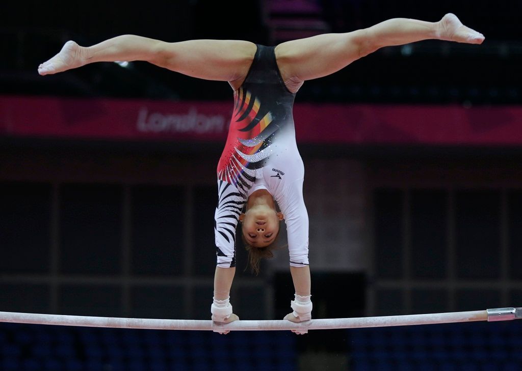 Trénink gymnastek na olympiádě v Londýně 2012 (Japonka Rie Tanakaová)