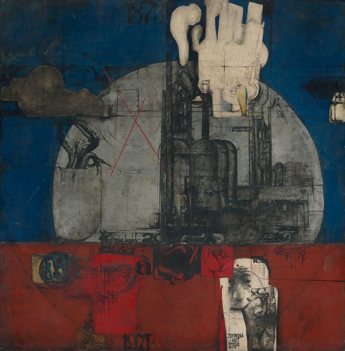 Jaroslav Kapec: Žofínská huť, 1971, kombinovaná technika, sololit, 176x176 cm.