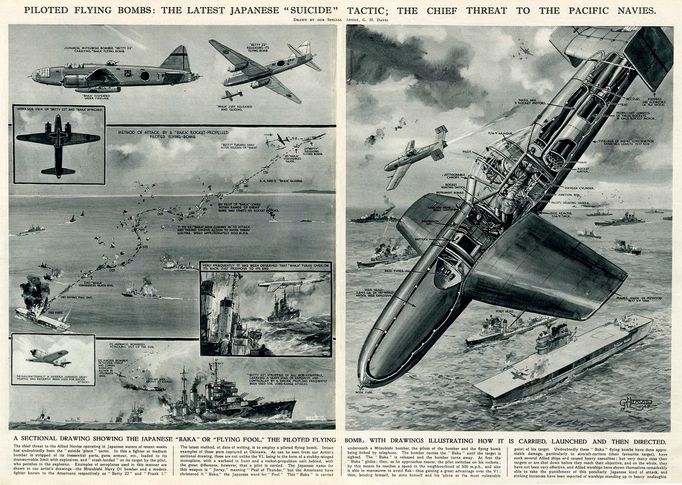 Na snímku: Ilustrace z roku 1945 ukazuje japonské kamikaze taktiky, včetně pilotovaných létajících bomb, které ohrožovaly spojenecké lodě v Pacifiku.