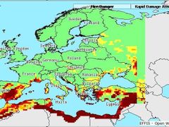 Kliknutím na obrázek se dostanete na předpovědní mapu systému EFFIS, která aktuálně ukazuje riziko vzniku požárů v Evropské unii a v okolí: světle zelená barva představuje velmi nízké riziko, které se zvyšuje přes barvu žlutou (nízké riziko) a okrovou (mírné riziko) až po červenou (vysoké riziko) a hnědou (velmi vysoké riziko).