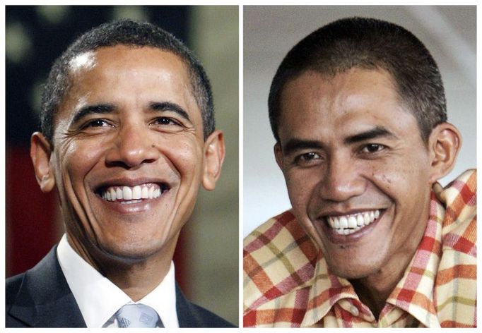 Celebrita. Čtyřiatřicetiletý indonéský fotograf Ilham Anas (vpravo) dnes září v televizi jako Obamův dvojník. Vlevo foto "pravého" Baracka Obamy.