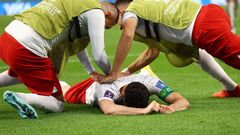 Robert Lewandowski slaví gól v zápase MS 2022 Polsko - Saúdská Arábie