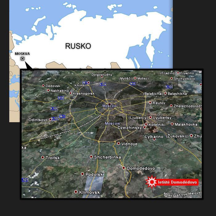 mapa výbuch - letiště Domodědovo