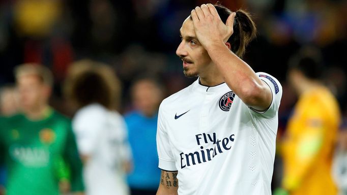 Paris St Germain's Zlatan Ibrahimovic reacts after their Champions League Group F soccer match against Barcelona at the Nou Camp stadium in Barcelona