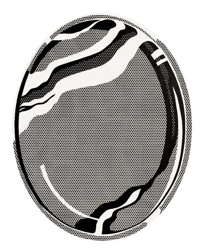 Roy Lichtenstein: Mirror #1 (Oval 60" × 48"), 1969. Dalším z vtipů jsou nakreslená zrdcadla. Nefungují.