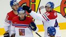 Vladimir Sobotka (2nd L) of the Czech Republic celebrates his goal against France with team mates during the first period of their men's ice hockey World Championship Gro