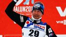 Bauer of the Czech Republic celebrates after the men's cross country 50 km mass start classic race at the Nordic World Ski Championships in Falun