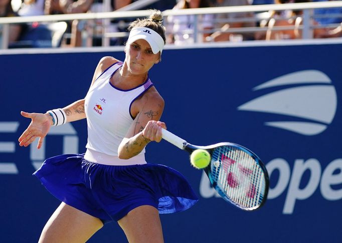 Aug 31, 2023; Flushing, NY, USA; Marketa Vondrousova of Czech Republic hits to Martina Trevisan of Italy on day four of the 2023 U.S. Open tennis tournament at the USTA B