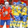 Radost Švédů v utkání MS v hokeji 2012 proti Norsku