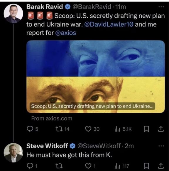 Kopie obrazovky, kde vyjednavač Steve Witkoff odpovídá spoluautorovi článku webu Axios. Dnes už smazané.