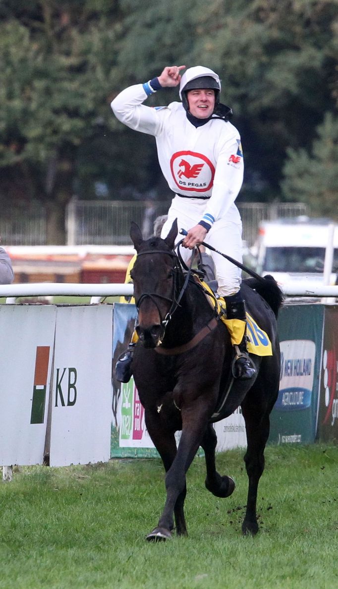 Žokej a vítěz Velké pardubické 2012 Jan Faltejsek na klisně Orphee des Blins.