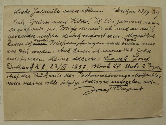 Lístek Josefa Čapka z Dachau.