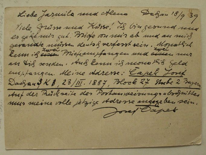 Lístek Josefa Čapka z Dachau.