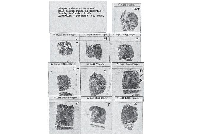 Otisky prstů neznámého muže nalezeného 1. prosince 1948 na pláži Somerton v australském Adelaide. Snímky byly pořízeny během vyšetřování.