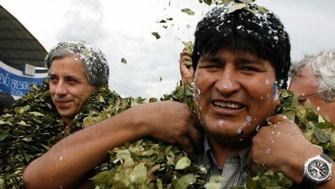 Evo Morales obdržel věnec z lístků koky během prosincové návštěvy domovské oblasti Chapare, asi 600 km jihovýchodně od hlavního města La Paz. V pozadí viceprezident Alvaro Garcia.