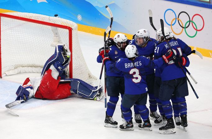 Američanky slaví třetí gól ve čtvrtfinále ZOH 2022 v Pekingu Česko - USA