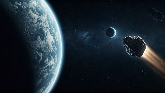 Vizualizace asteroidu řítícího se vesmírem směrem k Měsíci. Do našeho souputníka by mohl se 4% šancí narazit v roce 2032.