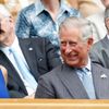 Princ Charles rozmlouvá s manželkou baviče Bruce Forsytha na Centr kurtu během utkání Rogera Federera a Fabia Fogniniho.
