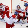 Denmark's goalie Nielsen fails to save a goal of Jaromir Jagr of the Czech Republic  (unseen) during the first period of their men's ice hockey World Championship Group A game at Chizhovka Arena in Mi