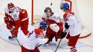 Denmark's goalie Simon Nielsen (2nd R) fails to save a goal of Jaromir Jagr of the Czech Republic (unseen) during the first period of their men's ice hockey World Champio