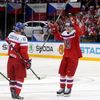 Sobotka of the Czech Republic celebrates his goal with team mates Hejda and Krejcik during their Ice Hockey World Championship game against France in Prague