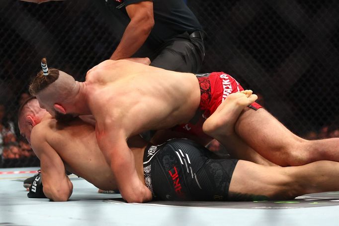 Jiří Procházka (v červených trenkách) při souboji s Aleksandarem Rakičem v rámci UFC 300