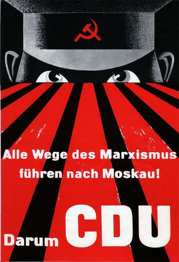 CDU (Christian Democratic Union) anticommunist propaganda poster: "All paths of Marxism lead to Moscow" CDU (Christian Democratic Union) anticommunist propaganda poster: "All paths of Marxism lead to Moscow" 1953 Germany - Stuttgart Private collection