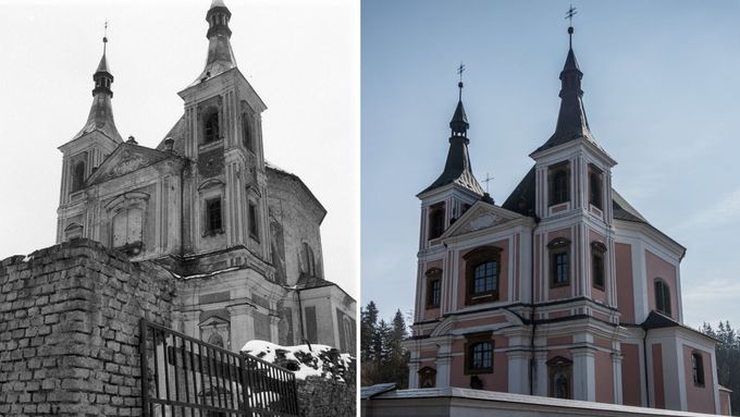 Kostel sv. Anny ve Staré Vodě ve vojenském prostoru Libavá v roce 1990 a 2016.