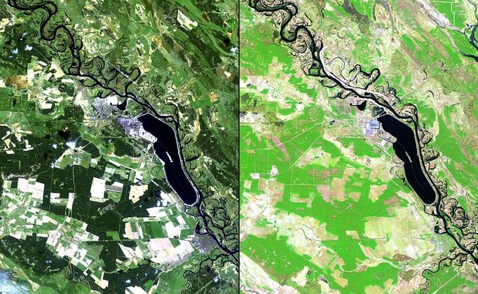 http://climate.nasa.gov/state_of_flux#Landrecovery_Ukraine.jpg Land recovery, Ukraine Chernobyl Nuclear Power Plant, 25 years after the meltdown. Left: April 29, 1986. Right: April 27, 2011. The 1986 image shows cultivated fields prepared for planting (bright, light tones), dense forest cover (dark green), and small communities (blue, purple). In the 2011 image, limited resettlement has begun. Most of the fields are now grasslands (light green), the dense forests have been destroyed and replanted (lighter, more uniform green), and the communities have been abandoned. Images taken by the Thematic Mapper sensor aboard Landsat 5. Source: USGS Landsat Missions Gallery, U.S. Department of the Interior / U.S. Geological Survey.