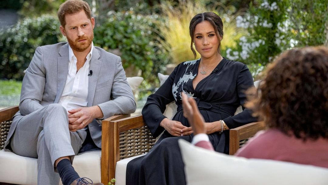 FILE PHOTO: Britain's Prince Harry and Meghan, Duchess of Sussex, are interviewed by Oprah Winfrey in this undated handout photo.  Harpo Productions/Joe Pugliese/Handout