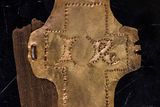 Zlatá destička s nápisem IR, která byla pravděpodobně na víku relikviáře ukrývajícího hřeb a případné další relikvie. Zatím mezi vědci i církví panuje shoda na tom, že písmena IR jsou latinskou zkratkou pro Iesus Rex neboli Ježíš Král.