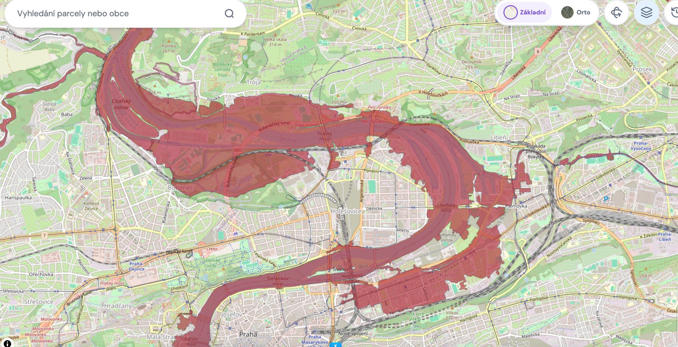 Povodně mapa Holešovice Bubeneč Praha
