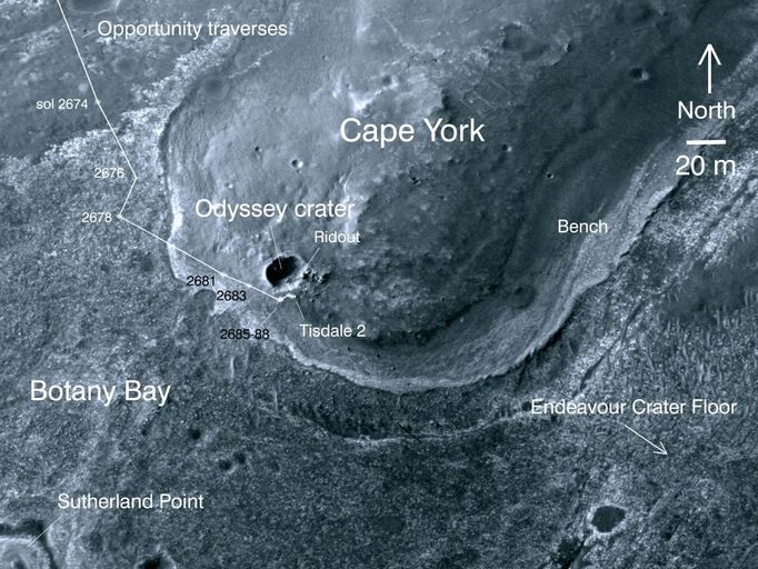 Opportunity's First Neighborhood on Rim of Endeavour This image taken from orbit shows the path of the path driven by NASA's Mars Exploration Rover Opportunity in the weeks around the rover's arrival at the rim of Endeavour crater. The sol number (number of Martian days since the rover landed on Mars) are indicated along the route. Sol 2674 corresponds to Aug. 2, 2011; Sol 2688 corresponds to Aug. 16, 2011. The route leads to a rock informally named "Tisdale 2," which is a block of material ejected by the excavation of a small crater called "Odyssey" on the Endeavour rim fragment called "Cape York." The next Endeavour rim fragment to the south is called "Sutherland Point," and a gap between Cape York and Sutherland Point is called "Botany Bay." The base image of the map is a portion of an image taken by the High Resolution Imaging Science Experiment (HiRISE) instrument on NASA's Mars Reconnaissance Orbiter, on July 23, 2010. Other image products from this observation are available at http://hirise.lpl.arizona.edu/ESP_018701_1775 . NASA's Jet Propulsion Laboratory, a division of the California Institute of Technology, Pasadena, manages the Mars Exploration Rover Project and the Mars Reconnaissance Orbiter Project for the NASA Science Mission Directorate, Washington.The University of Arizona, Tucson, operates the HiRISE camera, which was built by Ball Aerospace & Technologies Corp., Boulder, Colo. Lockheed Martin Space Systems, Denver, is the spacecraft development and integration contractor for the project and built the spacecraft. Image Credit: NASA/JPL-Caltech/University of Arizona