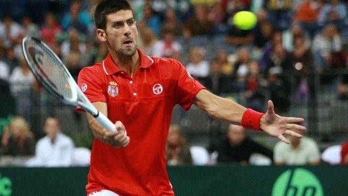 Novak Djokovič při utkání Davisova poháru s Českem.