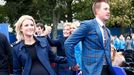 Henrik Stenson of Team Europe and his wife Emma leave the opening ceremony of the 40th Ryder Cup at Gleneagles